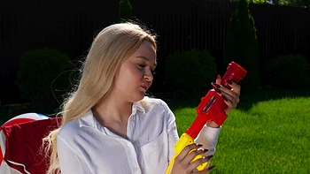 Blonde model Lina Shisuta masturbates with her panties and fingers