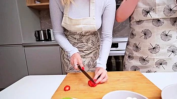 Stepdad fucks our tight cunts after cooking