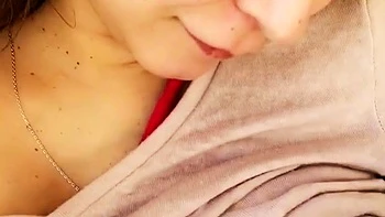 Busty curly brunette with big boobs fucks on couch