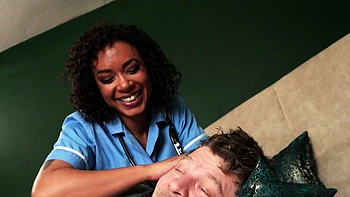 Nasty ebony nurse bends for patient