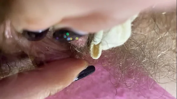 Extreme Closeup Big clit Rubbing orgasm wet hairy pussy
