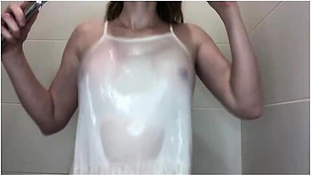 Play With Water White Wet T-shirt Shower Time Shower Play, Jump With Huge Boobs Natural Piercing