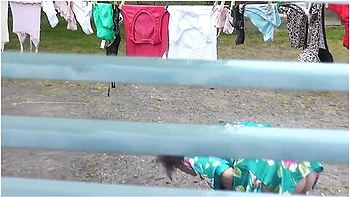 Neighbor In Bathrobe Without Panties And Bra Dries Washing Courtyard, Neighbour Watching Out Window