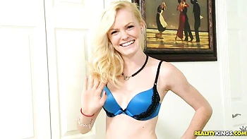 An awesome blonde babe Brie Turner gets impaled in the cowgirl pose