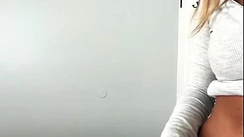 Non stop blonde with big boobs cock jerks off on the bed