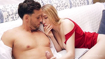 Stylish blonde in red panties Polly Yangs is jumping on a big dick