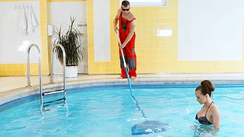 A couple has passionate sex by the pool with stunning Stacy Cruz