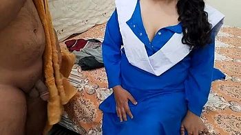 Indian stepsister in school uniform gives stepbrother a surprise blowjob and creampie in bathroom