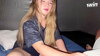 Amateur camping hook-up with super-hot platinum-blonde and her enormous caboose gets creampied - Blonde caught