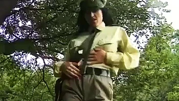 Hardcore Police Threesome with Brunette Outdoor