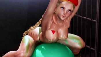 Cammy aus Street Fighter reitet auf einem Yoga-Ball