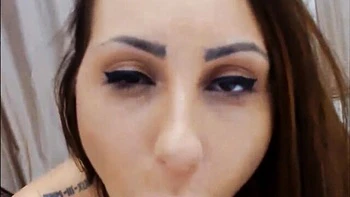 Tattooed brunette sucks dildo solo with toys and stockings