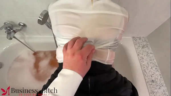 secretary seduces boss after work in business cloths - wet fun in bathtub, business-bitch