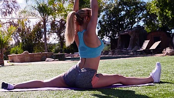 Blonde milf Cherie Deville rides cock outdoors during yoga