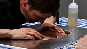 Big tits anal fuck with oil at restaurant table