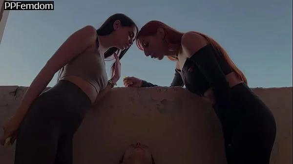 Mistresses Agma And Sofi Spit On Slave-Girl On A Public Balcony - Lezdom Spitting