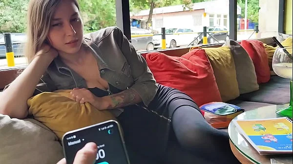 Remote control orgasm of my stepsister in Bar !