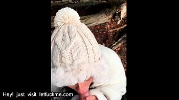 american cute girl in white jacket gives a snap blowjob with