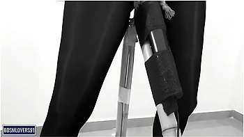 Shaking Legs In Black Pantyhose Standing Pole Bondage With None Stop Orgasms