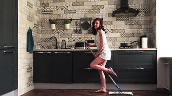 Redhead cougar Gwen has sex in the kitchen