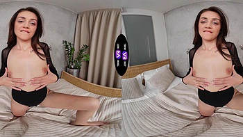 Teen Lola's naughty fingers explore her hairless mound in VR